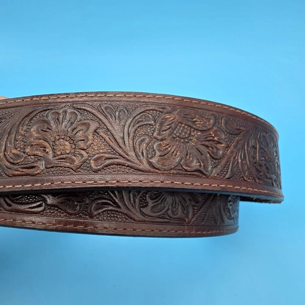 Vintage Eddie Bauer Floral Pattern Brown Leather Belt Brass Buckle‎ Mens Large